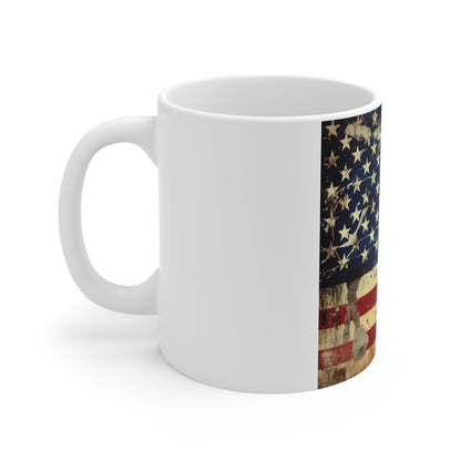 Scratched Grunge American Flag Coffee Mug – Rugged Distressed USA Flag Mug – Vintage Worn Patriotic Mug – Raw Americana Gift 11oz