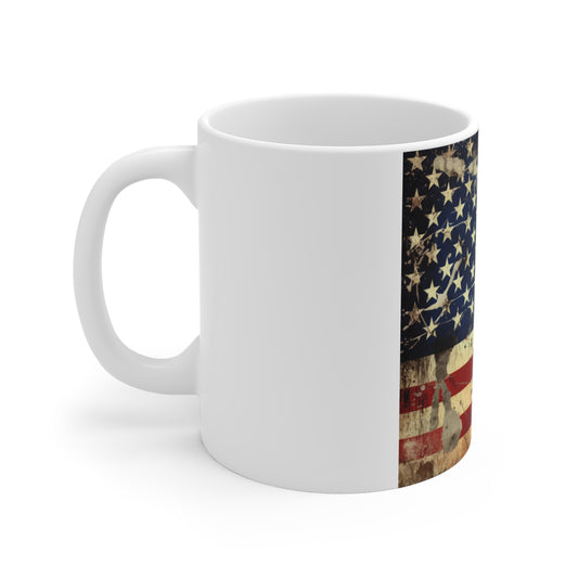 Scratched Grunge American Flag Coffee Mug – Rugged Distressed USA Flag Mug – Vintage Worn Patriotic Mug – Raw Americana Gift 11oz