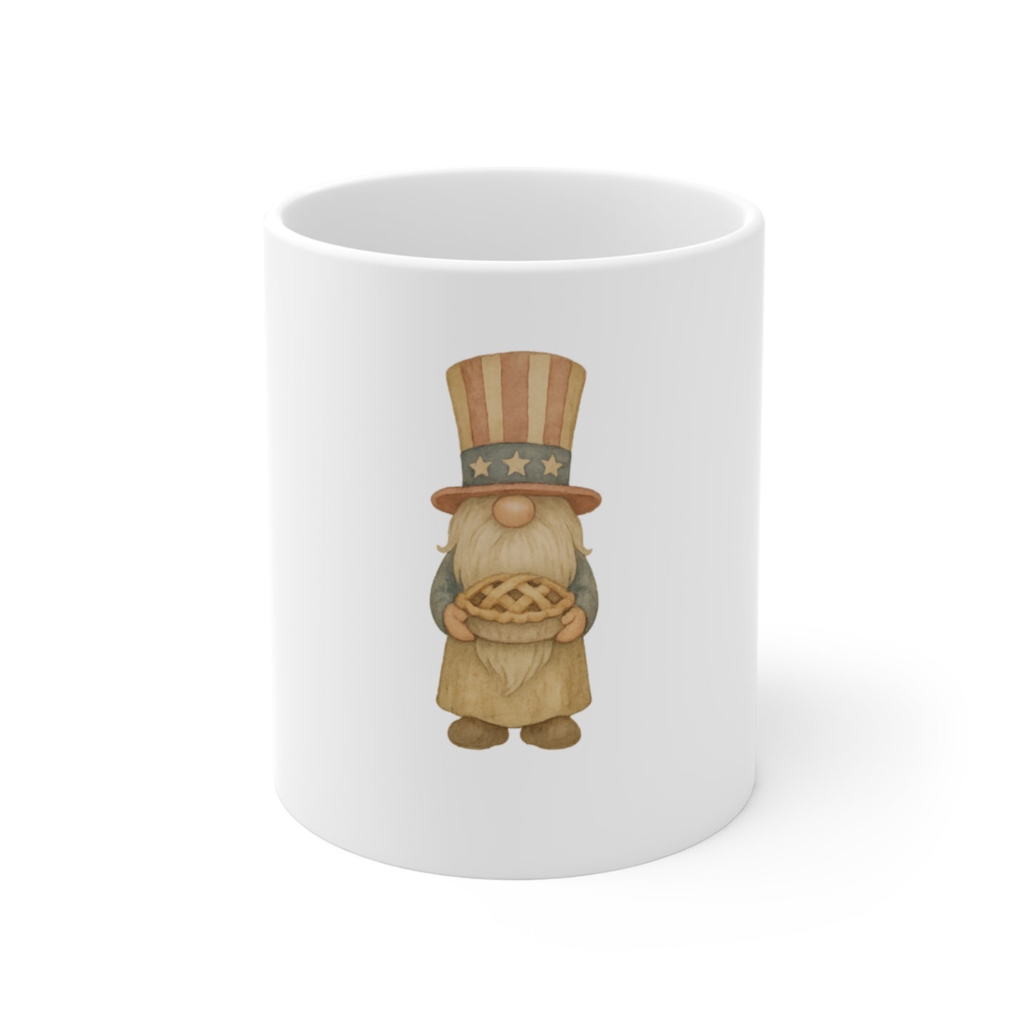 Patriotic Gnome Pie Mug – Americana Uncle Sam Gnome Mug – 4th of July Dessert Gnome – Cute Vintage Style USA Mug 11oz