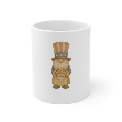 Patriotic Gnome Pie Mug – Americana Uncle Sam Gnome Mug – 4th of July Dessert Gnome – Cute Vintage Style USA Mug 11oz