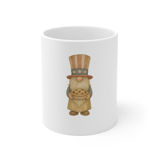Patriotic Gnome Pie Mug – Americana Uncle Sam Gnome Mug – 4th of July Dessert Gnome – Cute Vintage Style USA Mug 11oz