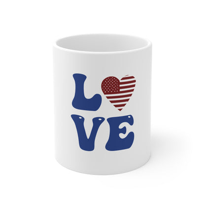 Patriotic LOVE Mug — 11oz American Flag Heart Coffee Cup