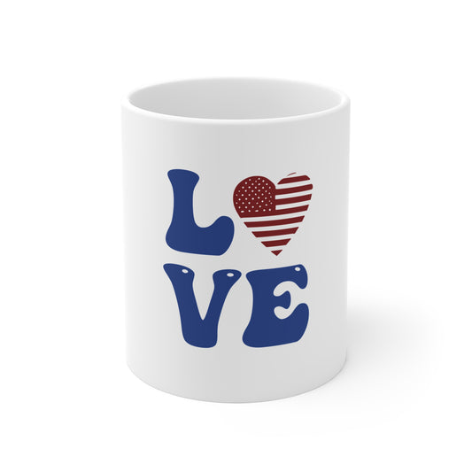 Patriotic LOVE Mug — 11oz American Flag Heart Coffee Cup
