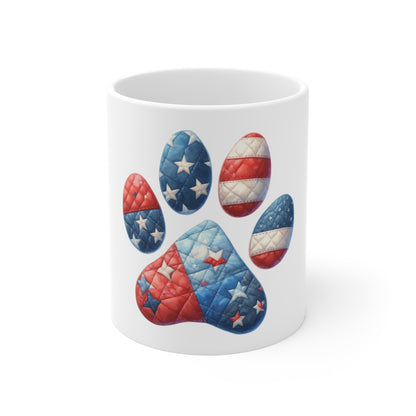 Patriotic Star Split Dog Paw Coffee Mug – Americana Red Blue Paw Print Mug – Quilted USA Dog Lover Mug – Patriotic Pet Gift Cup American Flag Paw Print Mug — Patriotic Pet Lover 11oz Coffee Cup...