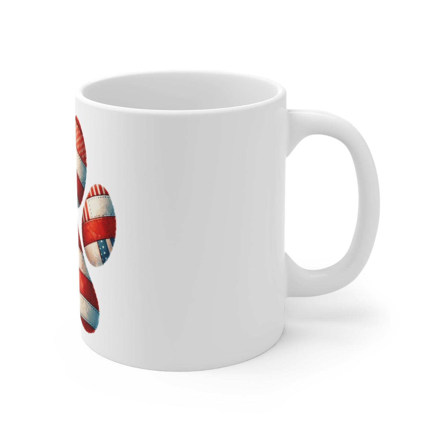 Patriotic Patchwork Dog Paw Coffee Mug – Americana Fabric Paw Print Mug – Red White Blue Dog Lover Mug – USA Pet Gift Cup American Flag Paw Print Mug — Patriotic 11oz Coffee Cup