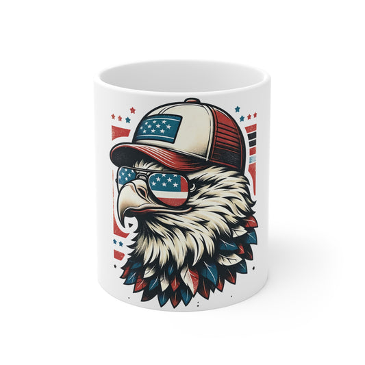 Patriotic Eagle Sunglasses Coffee Mug – American Flag Trucker Hat Eagle Mug – USA Freedom Bird Cup – Vintage Americana Gift Mug 11oz