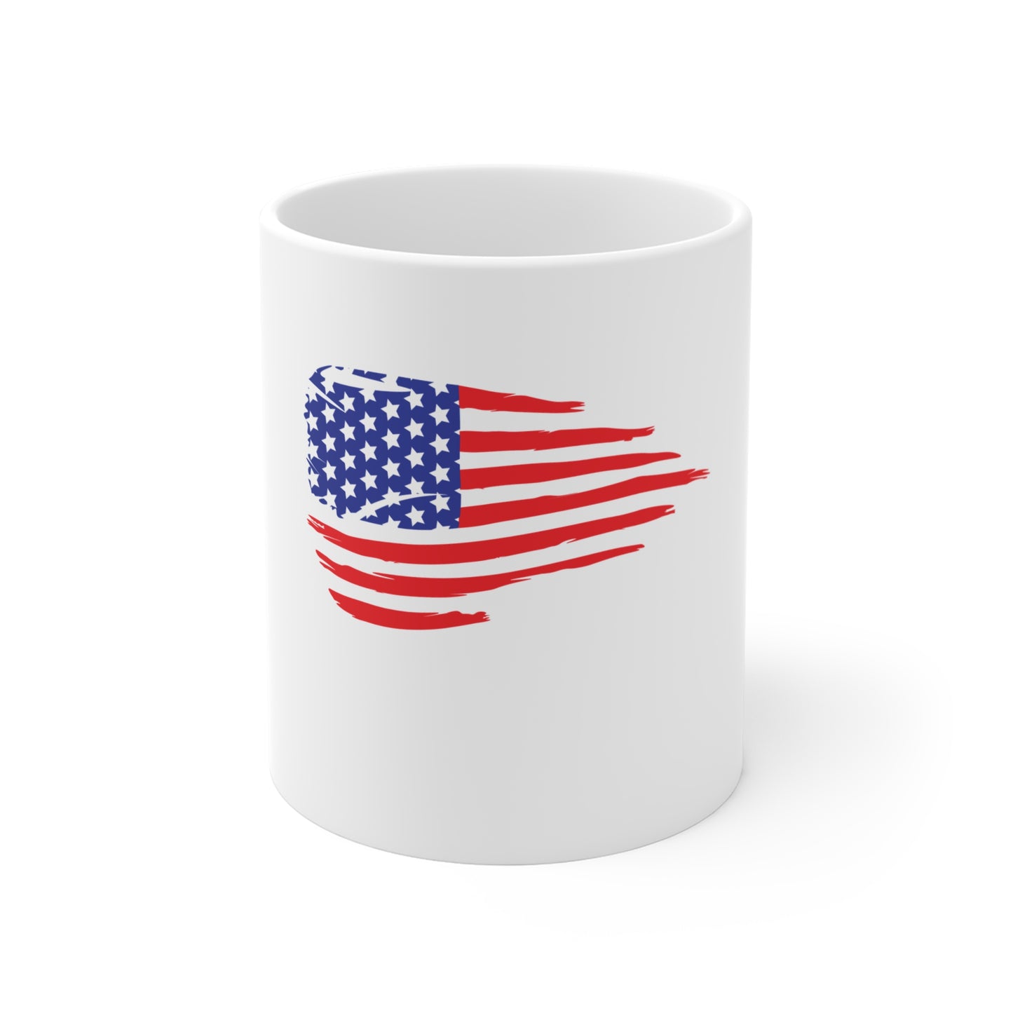 Distressed Horizontal American Flag Coffee Mug – Grunge USA Flag Mug – Brushstroke Patriotic Cup – Bold Americana Gift Mug 11oz