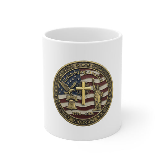 250 Years America Commemorative Coffee Mug – Patriotic Cross Liberty Bell Eagle Mug – 1776–2026 USA Celebration Cup – Vintage Americana Gift Mug 11oz