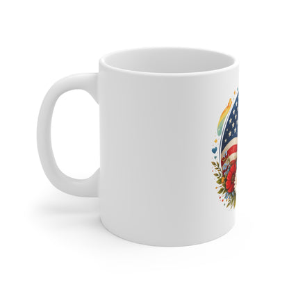 Patriotic Floral American Flag Mug – Red White Blue Daisy & Poppy Coffee Mug – USA Garden Style Mug – Americana Gift Mug 11oz