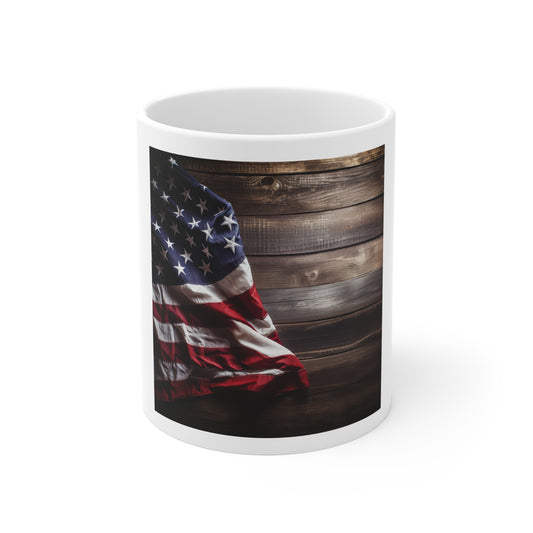 Draped American Flag Coffee Mug – Rustic Wood Background USA Mug – Minimalist Patriotic Mug – Vintage Americana Coffee Cup American Flag Rustic Wood Coffee Mug — Patriotic 11oz Tea Cup for Veterans &...