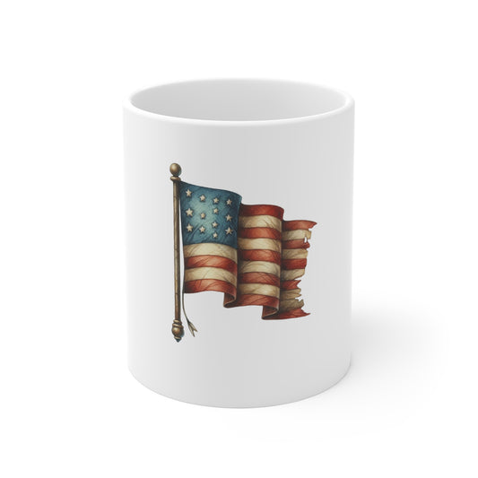 Vintage American Flag Mug – Retro Patriotic 11oz Coffee Cup (Fourth of July, Veterans Day)