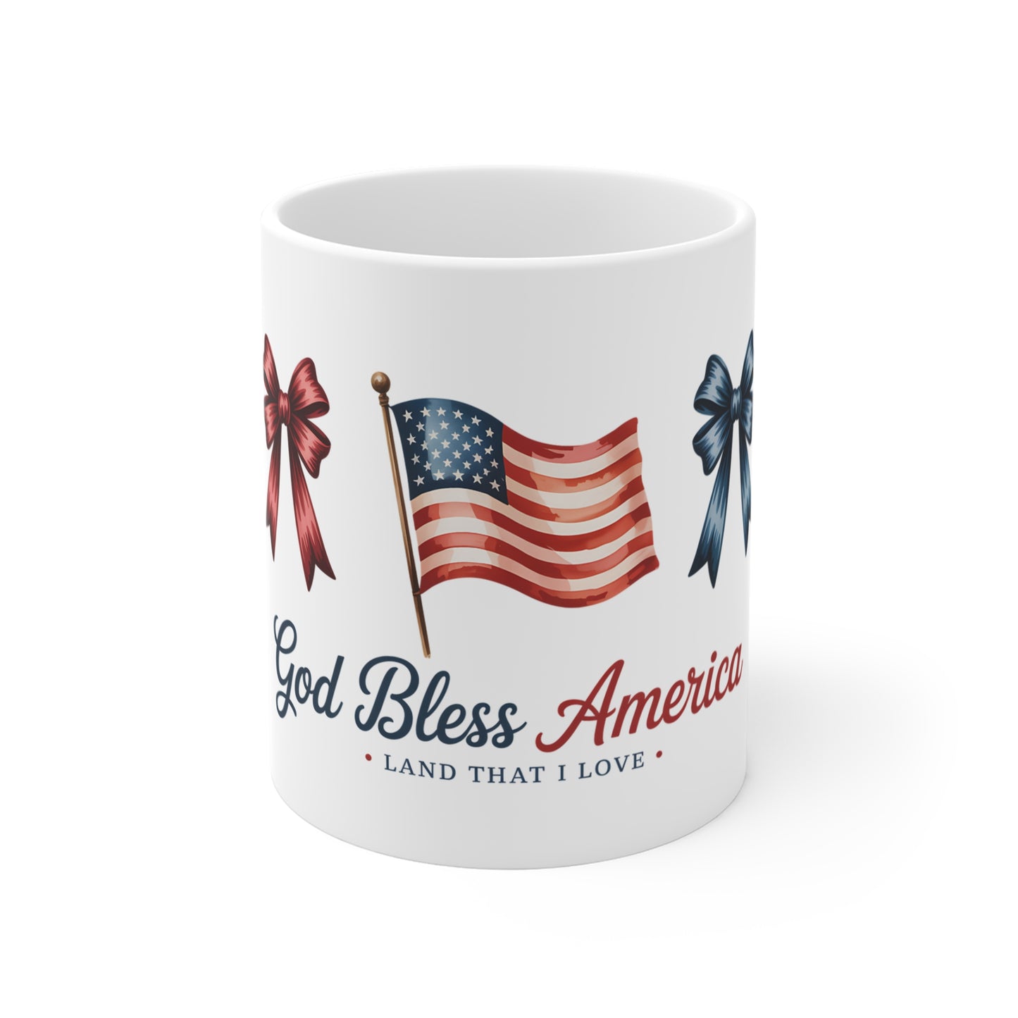 God Bless America 11oz Mug — Patriotic Flag & Ribbon Coffee Cup
