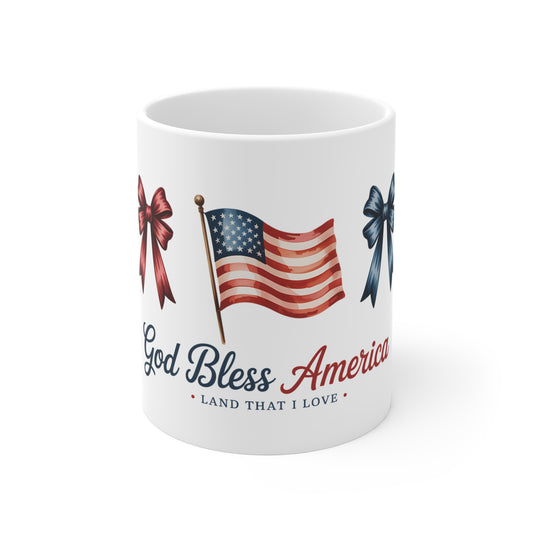 God Bless America 11oz Mug — Patriotic Flag & Ribbon Coffee Cup
