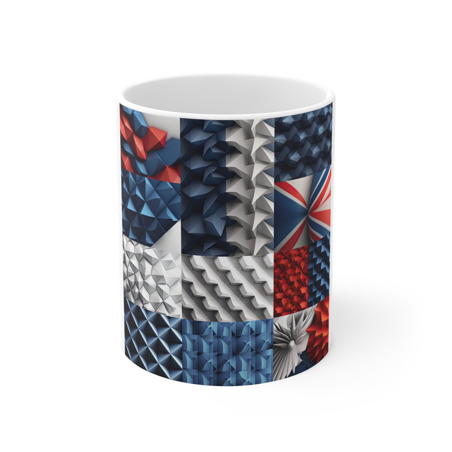 Abstract 3D Patriotic Coffee Mug – Red White Blue Geometric Mug – Modern Americana Design – Bold Textured Art Mug Patchwork Patriotic 11oz Mug – Red White Blue Geometric Quilt Design