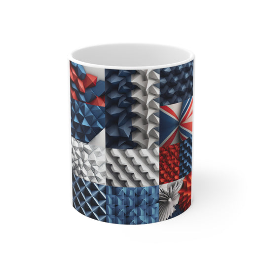 Abstract 3D Patriotic Coffee Mug – Red White Blue Geometric Mug – Modern Americana Design – Bold Textured Art Mug Patchwork Patriotic 11oz Mug – Red White Blue Geometric Quilt Design