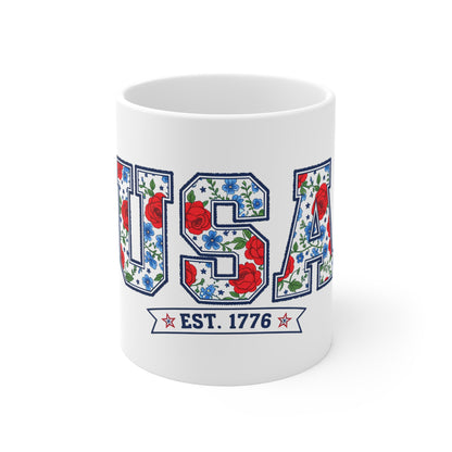 USA Floral Mug - Patriotic "EST. 1776" Coffee Cup