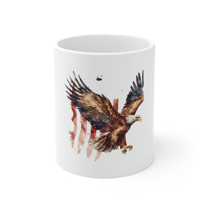 Patriotic Eagle 11oz Coffee Mug — Watercolor Bald Eagle with Flag Accent