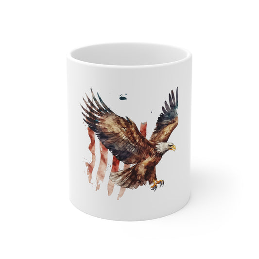 Patriotic Eagle 11oz Coffee Mug — Watercolor Bald Eagle with Flag Accent