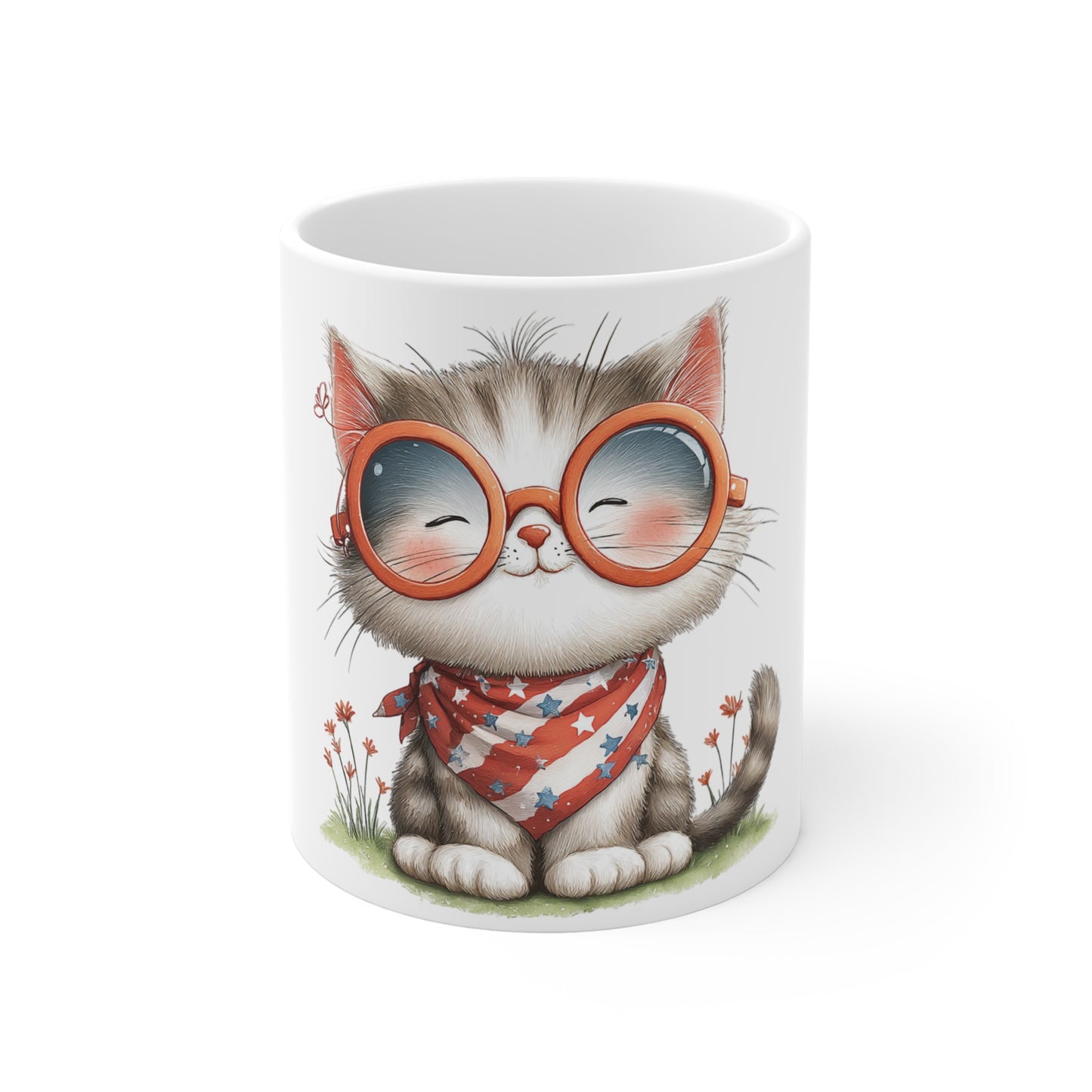 Cute Patriotic Kitten with Glasses Mug – Americana Bandana Cat Coffee Mug – Red White Blue Cat Lover Gift – Adorable Smart Cat Mug Cute Cat Mug — Patriotic Kitty with Sunglasses (11oz)
