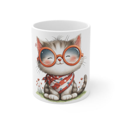 Cute Patriotic Kitten with Glasses Mug – Americana Bandana Cat Coffee Mug – Red White Blue Cat Lover Gift – Adorable Smart Cat Mug Cute Cat Mug — Patriotic Kitty with Sunglasses (11oz)