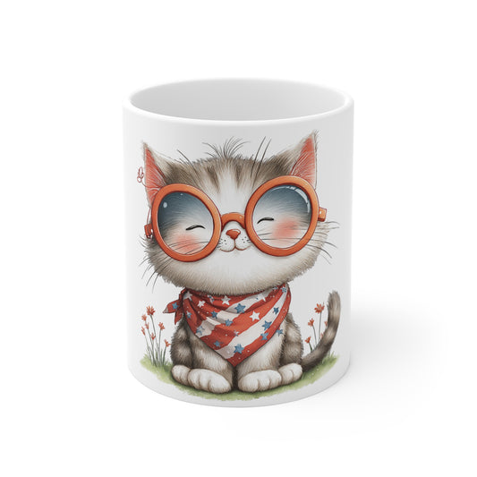 Cute Patriotic Kitten with Glasses Mug – Americana Bandana Cat Coffee Mug – Red White Blue Cat Lover Gift – Adorable Smart Cat Mug Cute Cat Mug — Patriotic Kitty with Sunglasses (11oz)