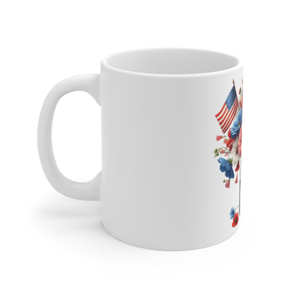 Patriotic Wildflower Mason Jar Coffee Mug – American Flag Floral Mug – Red White Blue Bouquet Cup – Americana Summer Gift Mug Patriotic Mason Jar Floral Mug — Americana Red White Blue Coffee Cup (11...