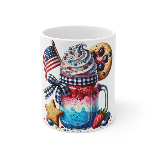 Patriotic Berry Sundae Coffee Mug – 4th of July Ice Cream Mason Jar Mug – Red White Blue Dessert Cup with Cookie & Flag Patriotic Red White Blue Dessert Mug – 11oz Fourth of July Coffee Cup