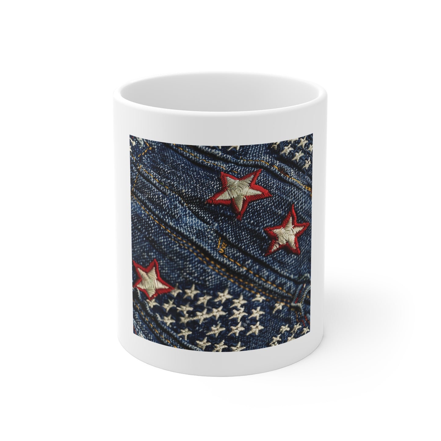 Denim American Flag Coffee Mug – Embroidered Stars Patriotic Mug – Shallow Focus Jeans Texture USA Cup – Rugged Americana Gift Patriotic Denim Stars Mug — 11oz Americana Coffee Cup