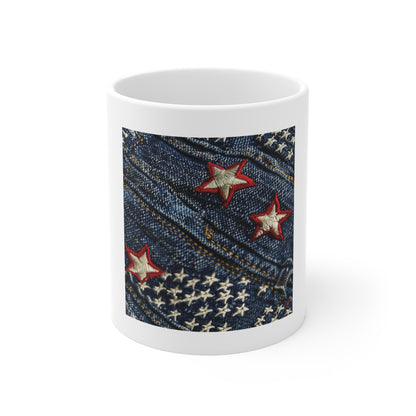 Denim American Flag Coffee Mug – Embroidered Stars Patriotic Mug – Shallow Focus Jeans Texture USA Cup – Rugged Americana Gift Patriotic Denim Stars Mug — 11oz Americana Coffee Cup