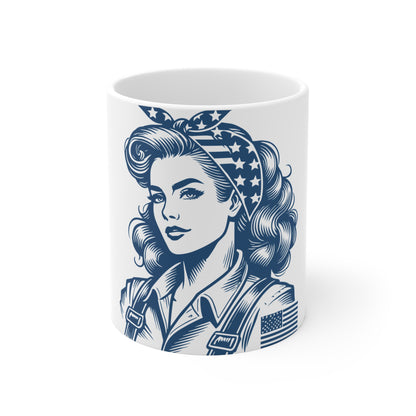 Patriotic American Woman Coffee Mug – Vintage Americana Female Portrait Mug – Classic USA Woman Art Mug – Retro Feminine Patriot Gift Mug – Americana Style Cup Mug 11oz
