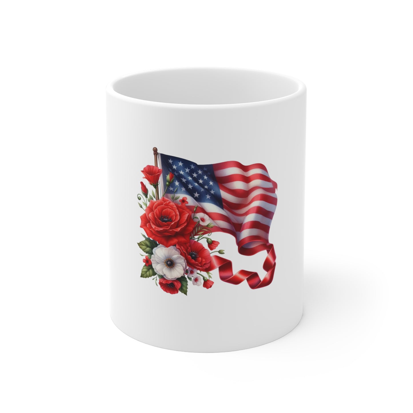 American Flag Floral Mug - Patriotic 11oz Coffee Cup for Memorial Day & Veterans