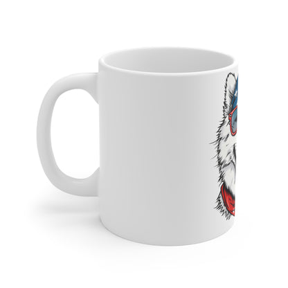 Patriotic Dog Coffee Mug – American Flag Bandana Dog Mug – Funny USA Pup with Sunglasses Cup – 4th of July Gift Mug 11oz