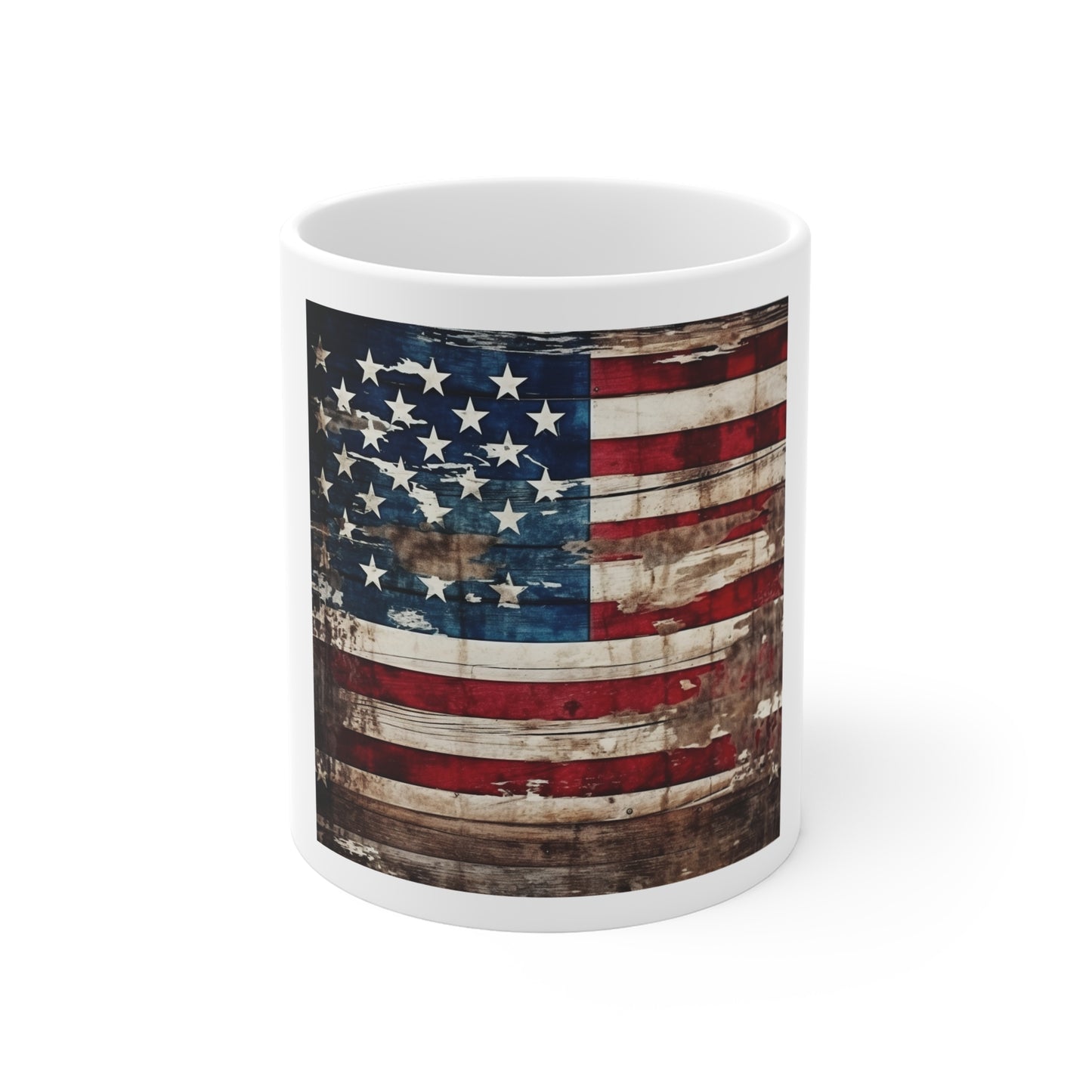 Heavily Distressed American Flag Coffee Mug – Worn USA Flag Barnwood Mug – Grunge Patriotic Wood Plank Cup – Vintage Americana Rugged Mug Rustic American Flag Mug - 11oz Patriotic Coffee Cup