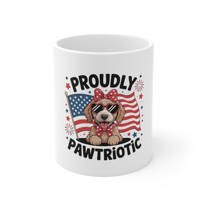 Proudly Pawtriotic Mug — 11oz Patriotic Dog Coffee Cup (USA Flag, "Proudly Pawtriotic")