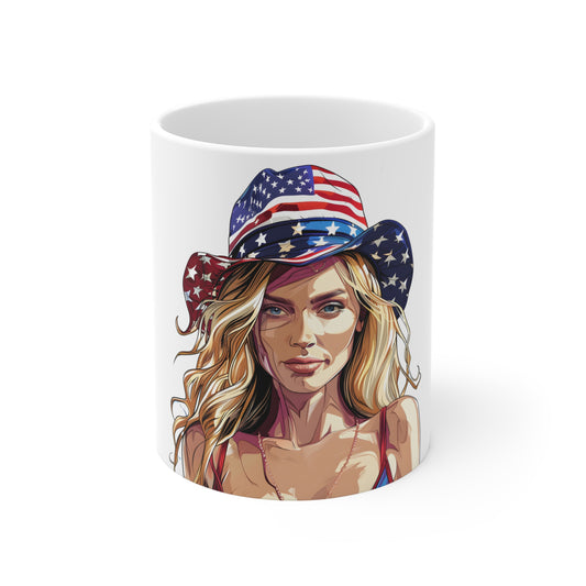 Patriotic Star-Spangled Cowgirl Coffee Mug – USA Flag Hat Portrait Mug – Bold Americana Woman Art Cup – 4th of July Gift Mug 11oz