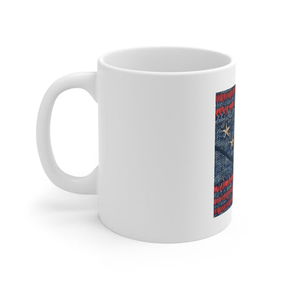 Distressed American Flag Denim Coffee Mug – Vintage Stitch Patriotic Mug – Worn-In USA Flag Cup – Rustic Americana Gift – Heritage Art Mug 11oz Coffee Cup