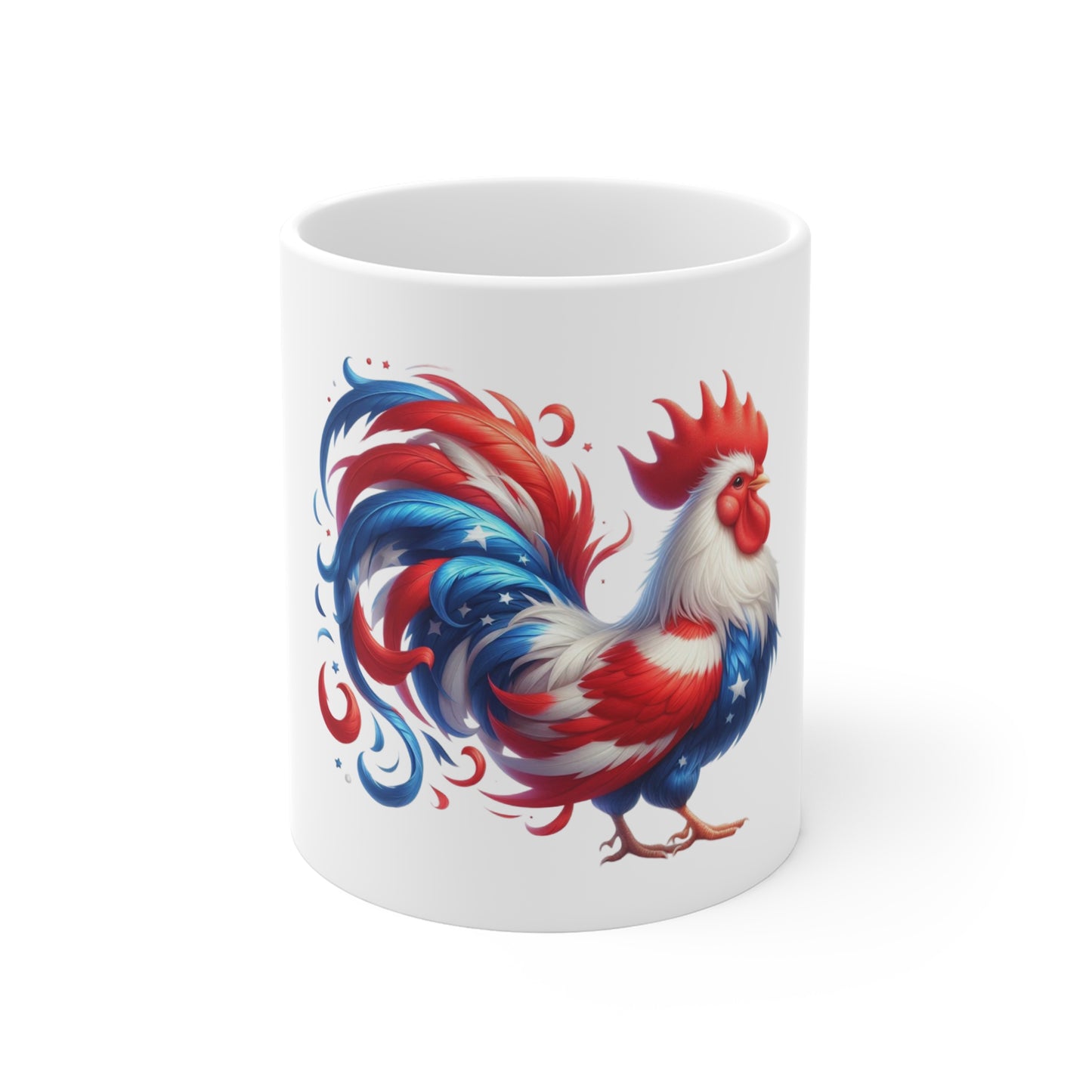 Patriotic Rooster Coffee Mug – Red White Blue Farmhouse Mug – Americana Chicken Art Cup – Bold USA Farm Animal Mug 11oz