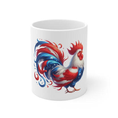 Patriotic Rooster Coffee Mug – Red White Blue Farmhouse Mug – Americana Chicken Art Cup – Bold USA Farm Animal Mug 11oz
