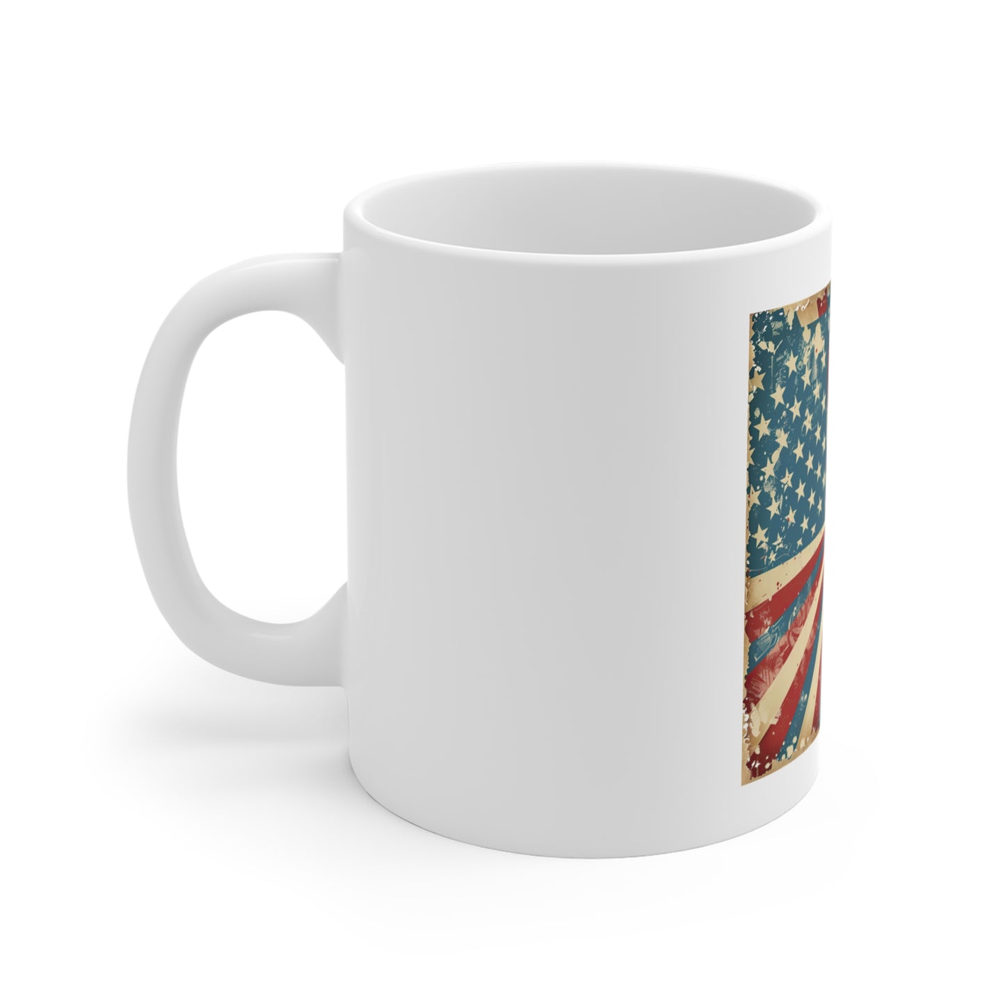 Retro American Flag Sunburst Coffee Mug – Vintage Patriotic USA Mug – Bold Stars & Stripes 11oz Ceramic Cup – Premium Americana Gift