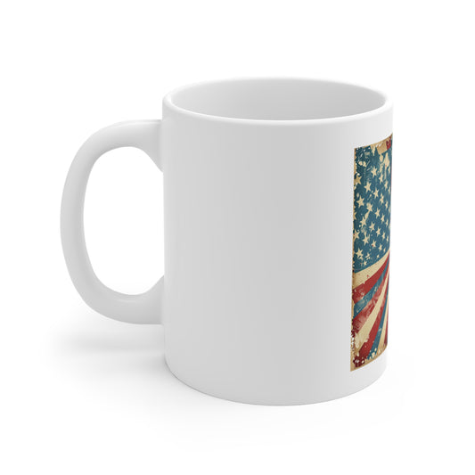 Retro American Flag Sunburst Coffee Mug – Vintage Patriotic USA Mug – Bold Stars & Stripes 11oz Ceramic Cup – Premium Americana Gift