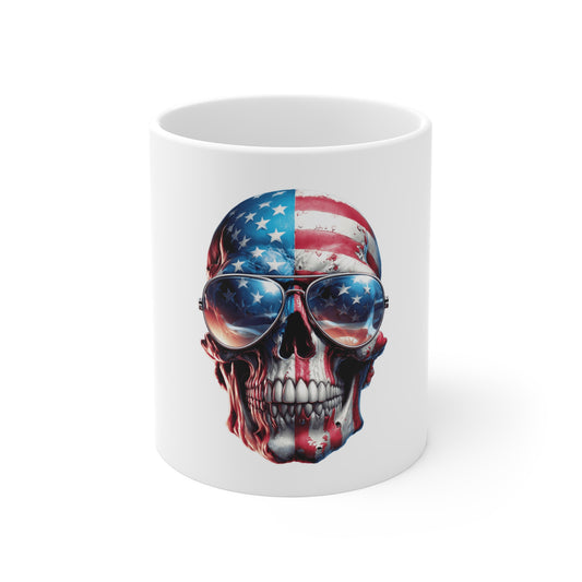 Patriotic Skull Sunglasses Coffee Mug – American Flag Skull Mug – USA Freedom Style Mug 11oz