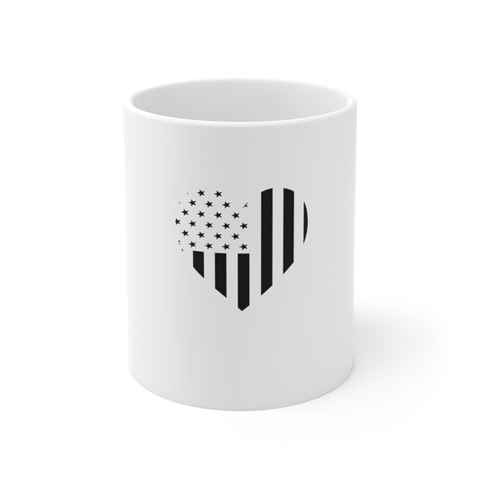 Stealth American Flag Heart Coffee Mug – Blacked Out USA Flag Mug – Minimalist Vertical Stripe Heart Design Cup – Subtle Patriotic Gift Mug Mug 11oz