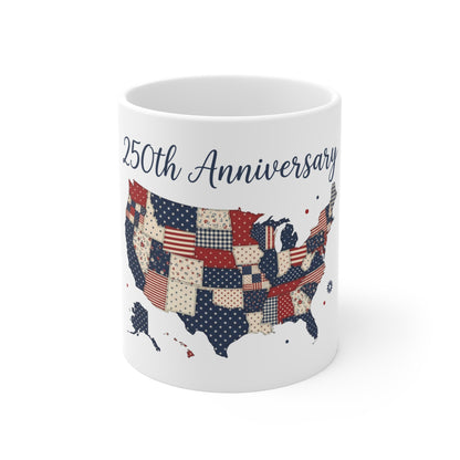 250th Anniversary USA Patchwork Map Mug – Patriotic 11oz Coffee Cup