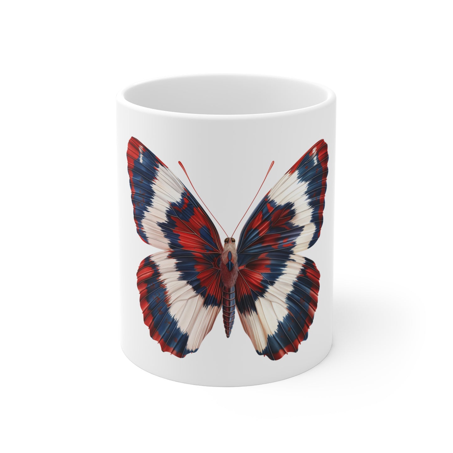 Patriotic Feathered Butterfly Mug – Red White Blue Textured Wing Coffee Mug – Americana Soft Edge Art Cup – USA Gift Mug Mug 11oz