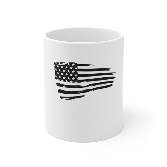 Black Painted American Flag Coffee Mug – Distressed Brushstroke USA Flag Mug – Minimalist Patriotic Cup – Rugged Americana Gift Mug 11oz