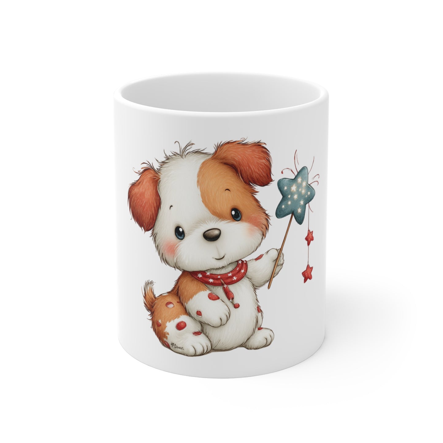 Cute Patriotic Puppy Star Wand Mug – 4th of July Dog Coffee Mug – Americana Puppy Magic Star Cup – Red White Blue Pet Lover Gift Cute Puppy Mug — Adorable Cartoon Dog 11oz Coffee Cup
