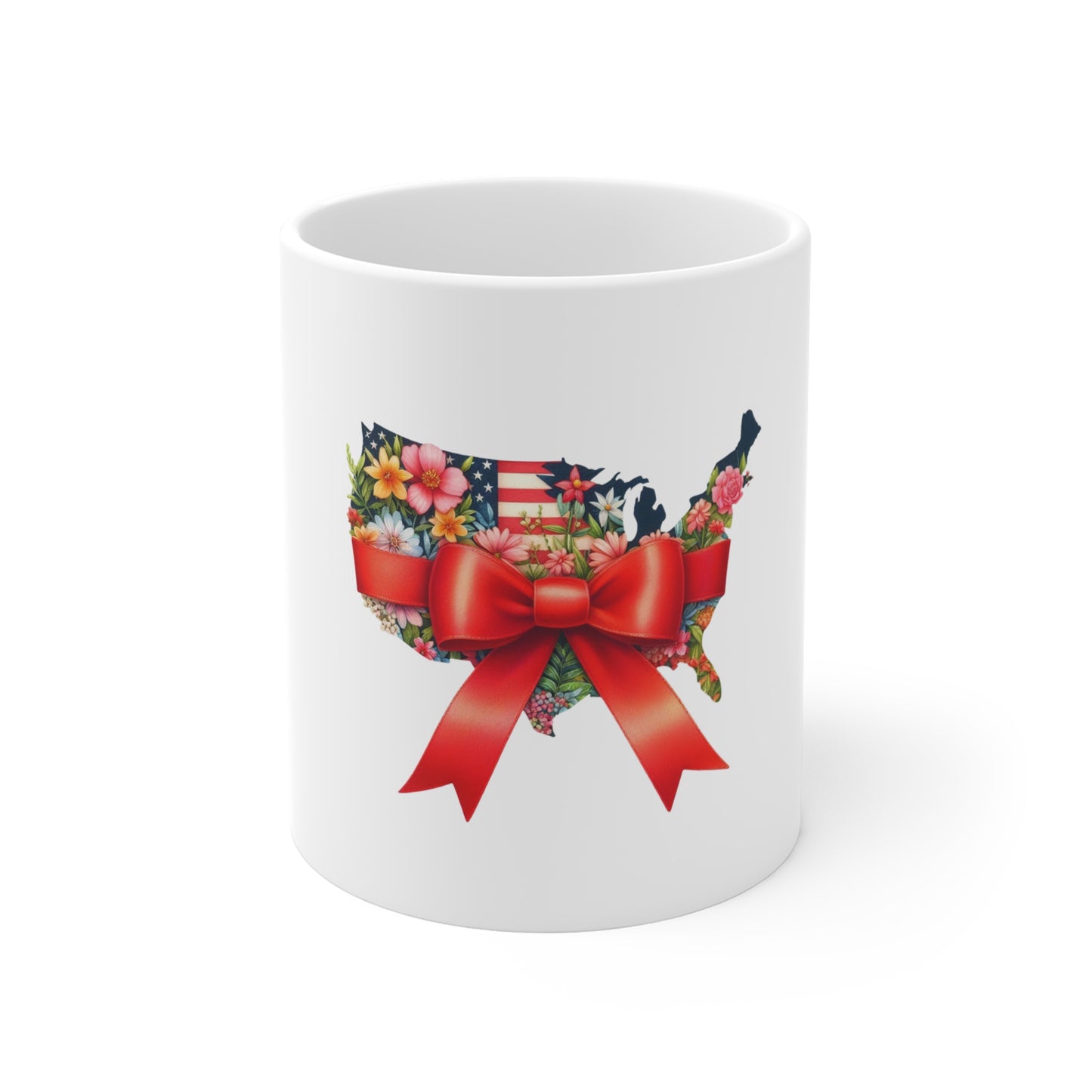 Patriotic Floral USA Mug with Red Bow – 11oz Americana Coffee Cup