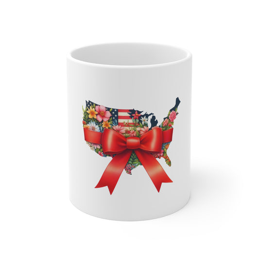 Patriotic Floral USA Mug with Red Bow – 11oz Americana Coffee Cup