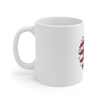 Patriotic Sunflower Coffee Mug – American Flag Floral Mug – Red White Blue Flower Design – USA Botanical Gift Mug 11oz