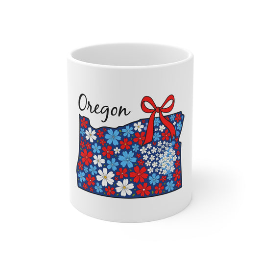 Oregon Floral State Map 11oz Coffee Mug — Red, White & Blue Daisy Gift